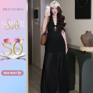 Set áo bodysuite không tay xoắn ngực và chân váy lưới dài THUYVANTRAN