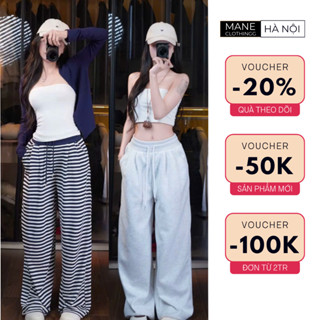 Quần Ống Rộng Nữ Hottren Vải Kẻ Ngang Cao Cấp Cạp Chun Lưng Cao Chun Có 2 Độ Dài Cho Người Thấp