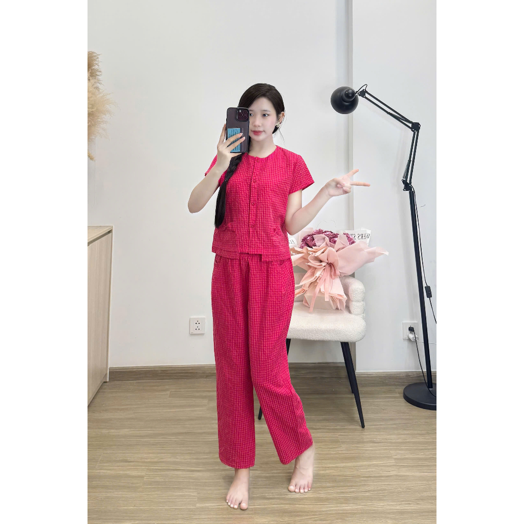 Đồ Bộ Nữ Caro Đỏ Hồng Dáng Rộng, Mặc Nhà Siêu Thoải Mái Set Đồ Ngủ Caro Đỏ Hồng Basic Thanh Lịch