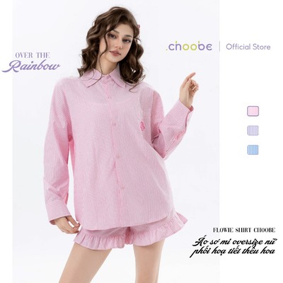 Áo sơ mi nữ Flowie Choobe dài tay kẻ sọc Oxford form rộng họa tiết kẻ sọc hồng tím xanh dương ASM09