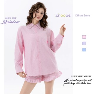 Áo sơ mi nữ Flowie Choobe dài tay kẻ sọc Oxford form rộng họa tiết kẻ sọc hồng tím xanh dương ASM09