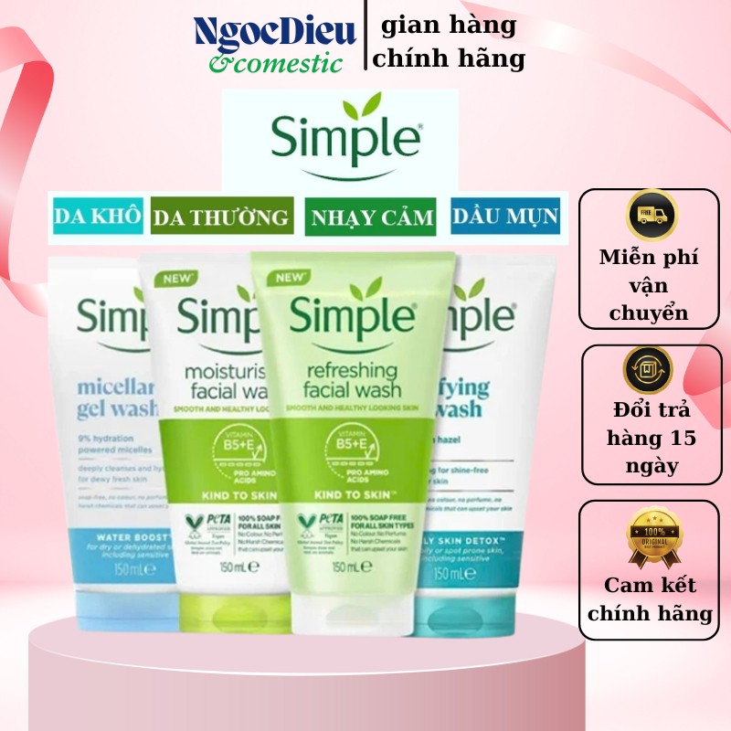 Sữa Rửa Mặt Simple dành cho mọi loại da - SỮA RỬA MẶT SIMPLE 3 màu tuýp 150ml Ngocdieu