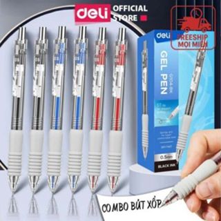 [COMBO BÚT XỐP] Bút Bi Nước Bút Gel Mực Bấm Deli Đệm Xốp 3 Màu Xanh/ Đen/ Đỏ Ngòi 0.5mm Cho Học Sinh Văn Phòng