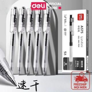 [KÈM NGÒI THAY THẾ] Hộp 5/10 Bút bi gel bấm văn phòng Deli mực đen ngòi 0.5mm A575 học sinh mực đều