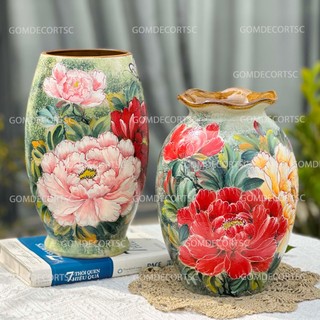  Bình hoa gốm sứ vẽ 3D cao cấp hàng thủ công vẽ tay hoa hồng mẫu đơn trà lọ cắm hoa miệng rộng đẹp 