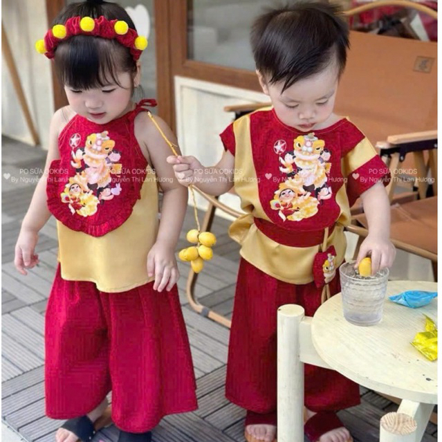 Bộ yếm trung thu cho bé trai bé gái đỏ vàng Tuki sz 8-30kg chất lụa mềm, set yếm trung thu cho bé gá