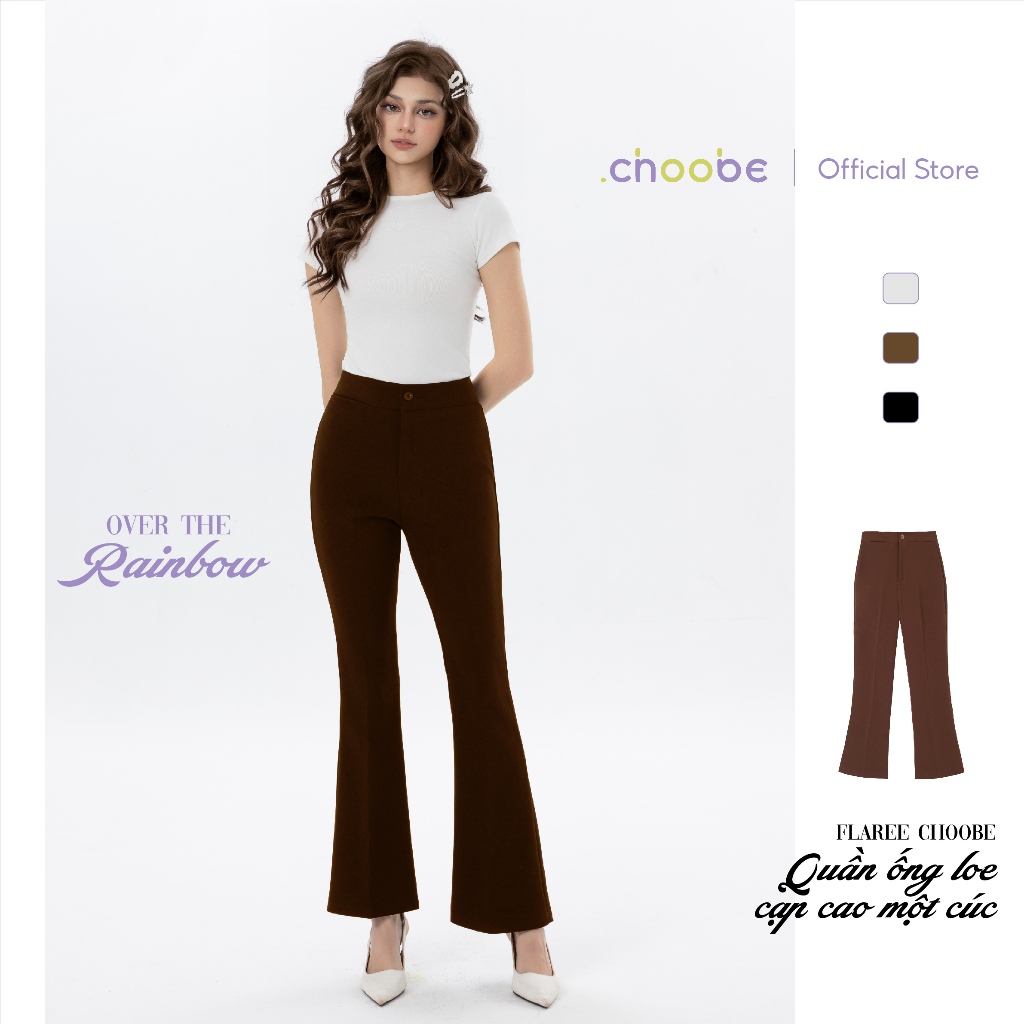 Quần ống loe Choobe lưng cạp cao 1 cúc suông rộng nữ dài culottes màu đen nâu Q42 | BigBuy360 - bigbuy360.vn