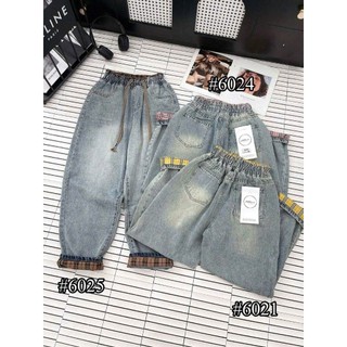  Quần Jean Nữ Phối Cạp Gấu Kẻ Dáng Baggy Thụng Cạp Chun Lưng Cao Trẻ Trung Năng Động Vải Jean Thổ Dày Dặn Mềm Mịn 