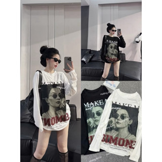 Áo Thun Nữ Dài Tay Nỉ Da Cá In Hình Cô Gái Đeo Kính Dài Tay Dáng Suông Form Rộng