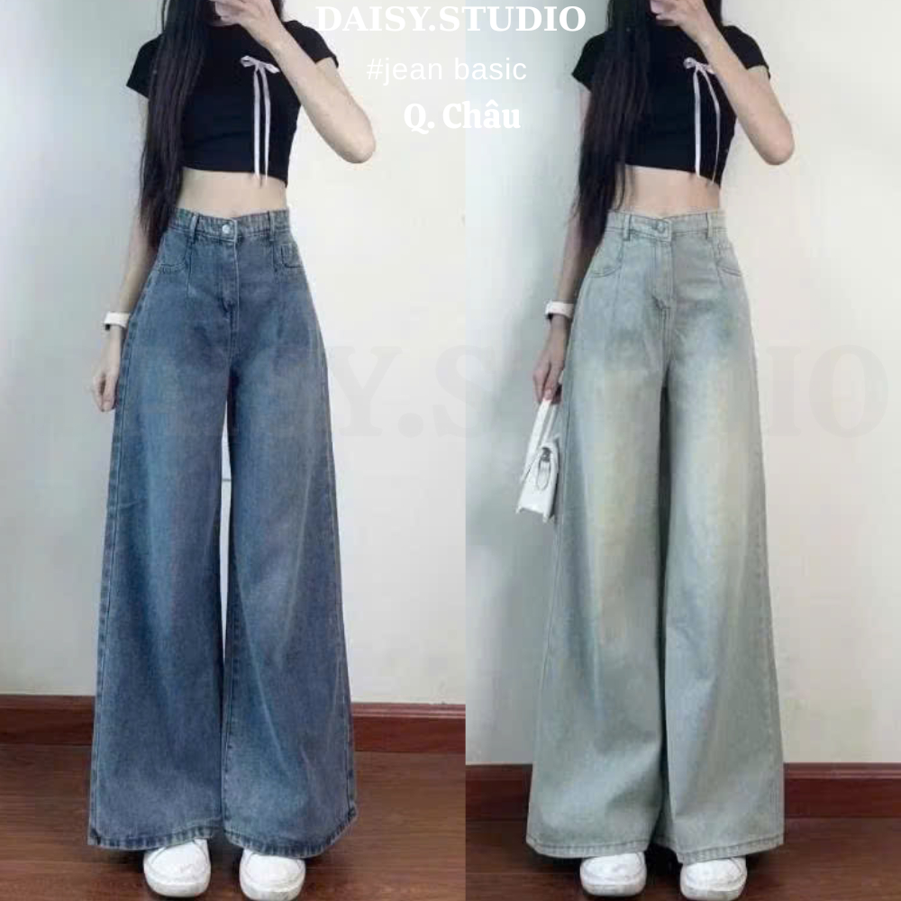Quần jean nữ Retro ống suông rộng Cạp Cao Hari , quần jeans Xanh Ánh Bạc ống rộng phong cách Vitager Ulzzang Hàn Quốc