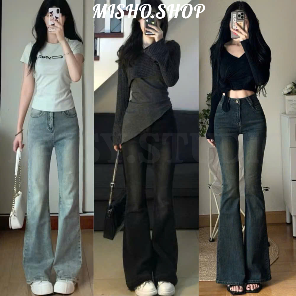 Quân bò jean nữ ống loe MIAA Cạp Cao Đứng Co Giãn 4 chiều Màu RETRO, quần jean bò loe đen dài nữ cạp