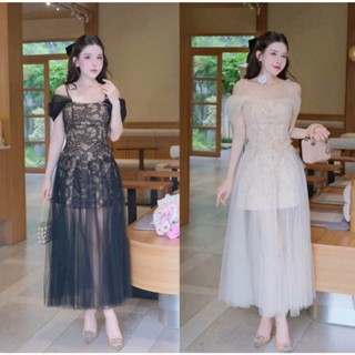 BIGSIZE HIẾU HIẾU  55-100KG  - Váy ren hoa voan thiết kế 2 dây trễ vai dáng dài đi tiệc D524 