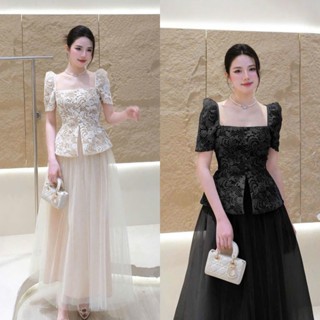 BIGSIZE HIẾU HIẾU (55-95KG) - Set thời trang nữ sang chảnh Áo ren hoa cổ vuông + Chân váy voan ren dáng dài S652