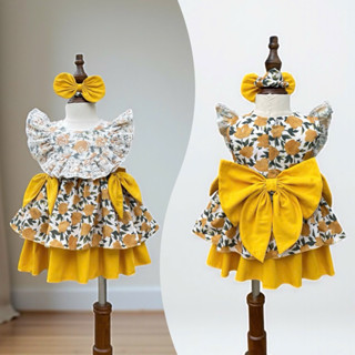 Váy Lolita Hoa Vàng Chất Thô Cotton Đầm Xinh Cho Bé Gái Đính Nơ Cách Điệu Chất Thô Cotton Phối Lụa Habutai Từ 4 - 13kg 