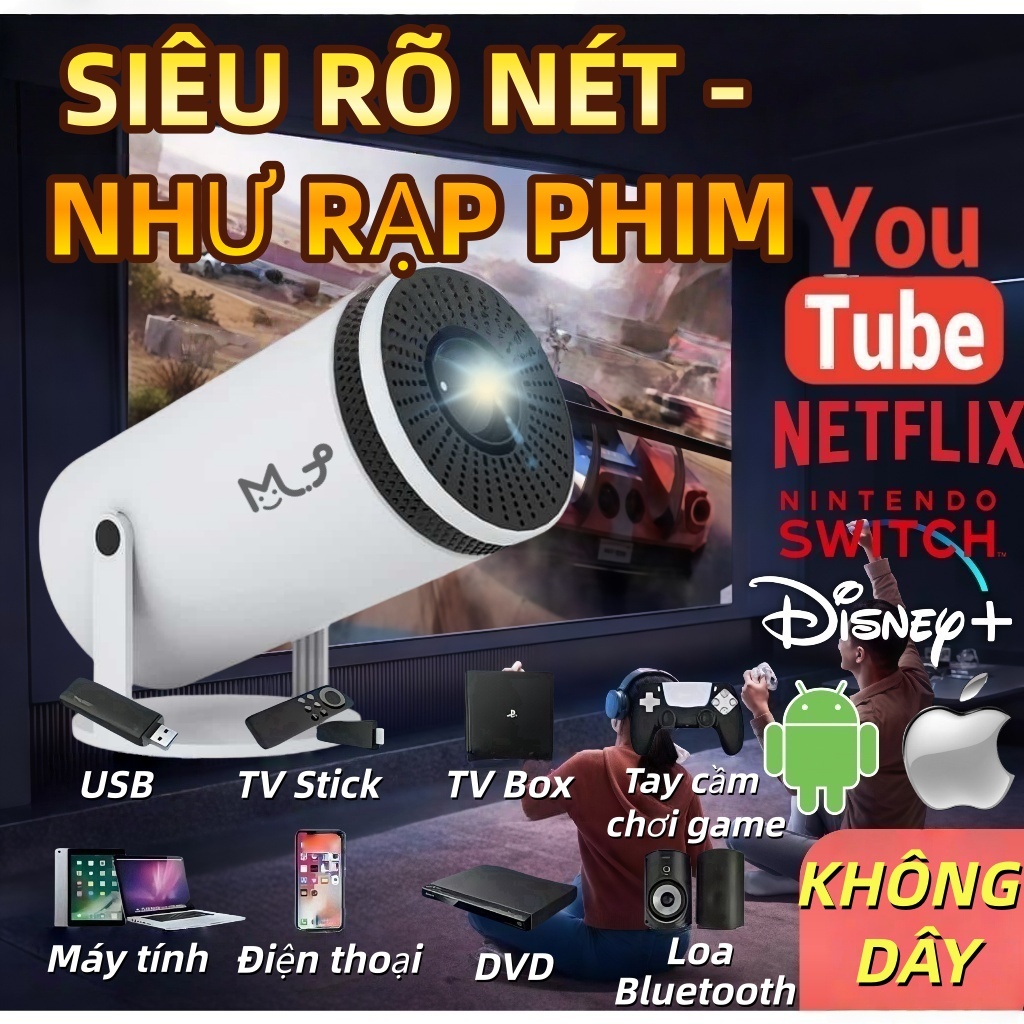 Máy Chiếu Mini máy chiếu 4k máy chiếu 4kAndroid 11 - Chiếu Xoay 270° - Kết Nối Bluetooth 5.0 - Màn Hình Lớn Đến 200 Inch