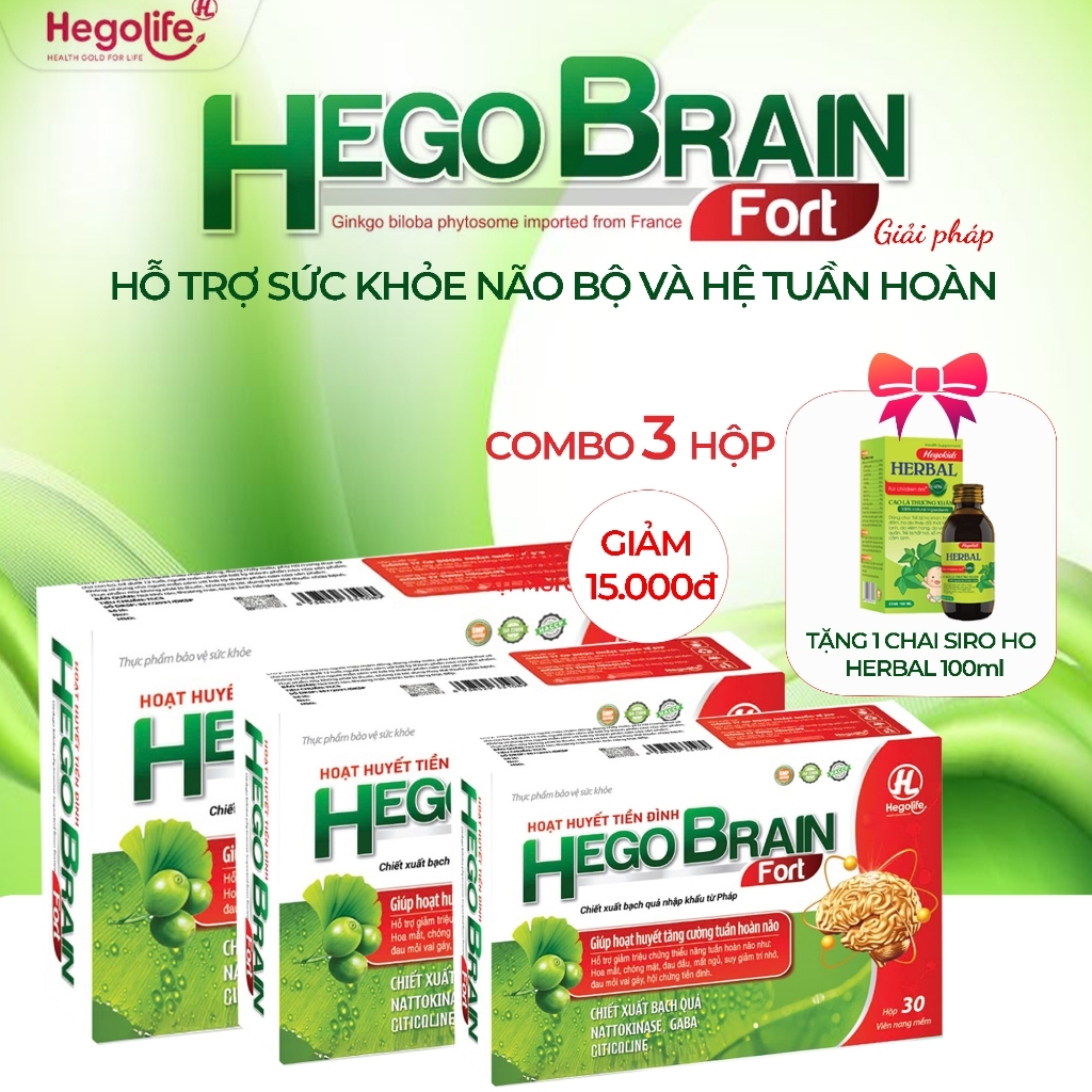 Combo 2 Hộp Hoạt Huyết Tiền Đình HEGOBRAIN FORT (Hộp 30v) & Combo 3 Hộp + Tặng 1 Hộp Siro Ho Cảm Her