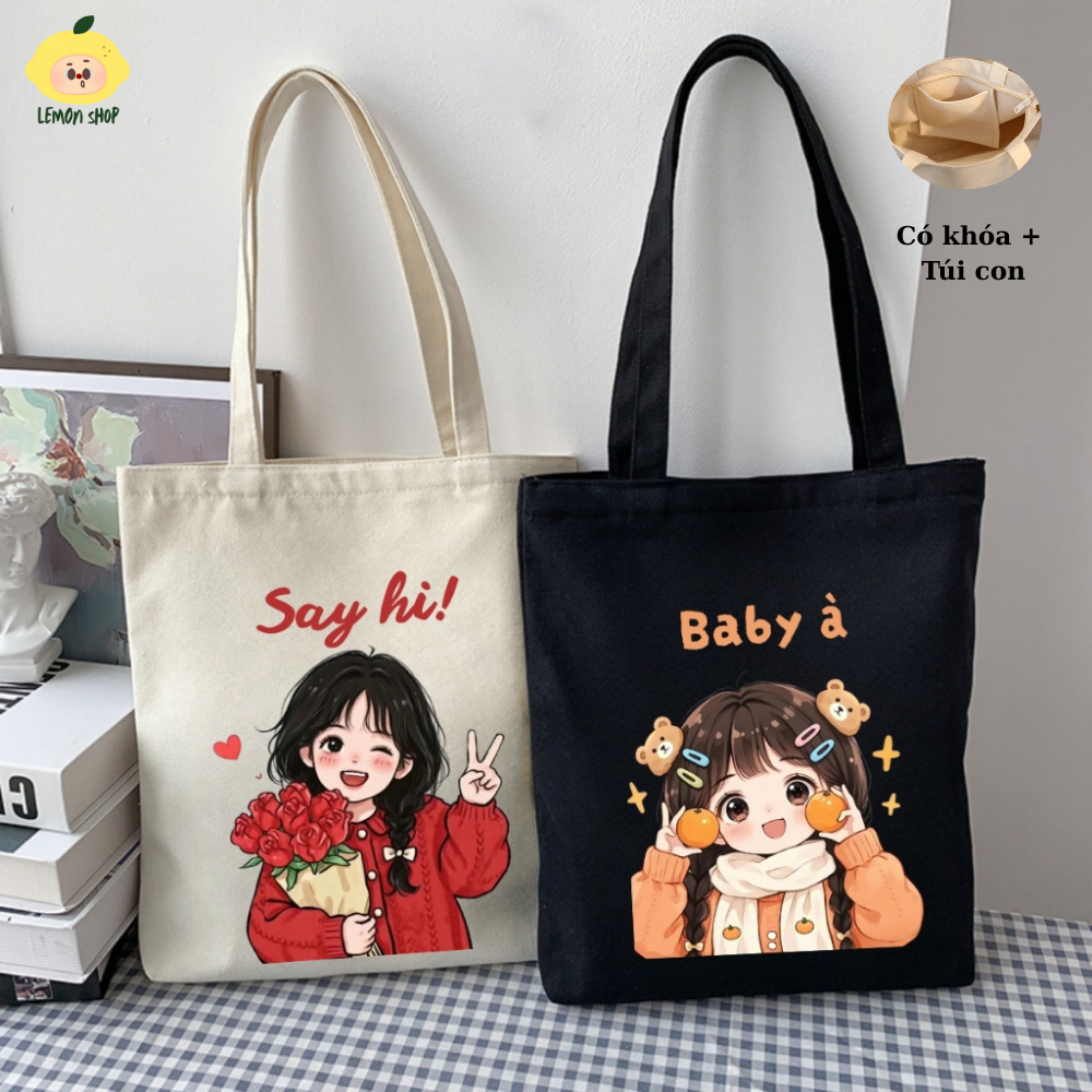 Túi Tote BST cô gái - Túi vải canvas có túi phụ và khoá kéo đựng vừa A4 và laptop (35x40cm) Totk9537