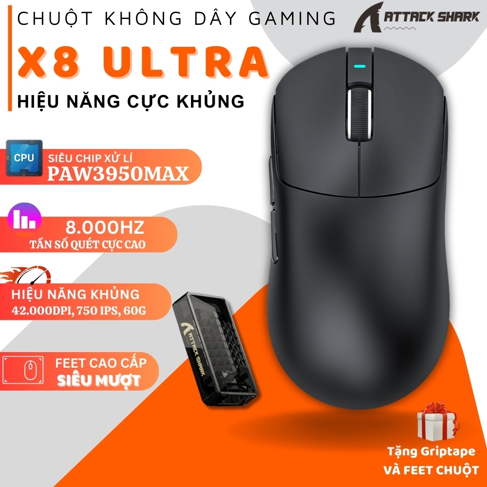 Attack Shark X8 Ultra Superlight 55g Wireless Gaming Mouse - 42.000 DPI, Polling 8K, PAW3950MAX