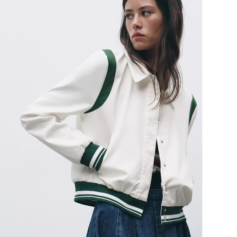 áo khoác Zara made in Morocco bomber trắng viền xanh trẻ nữ sinh