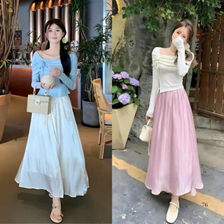 Set đồ nữ Áo thun dài tay đính nơ ngực phối chân váy dáng xòe 2 lớp duyên dáng tự tin A95