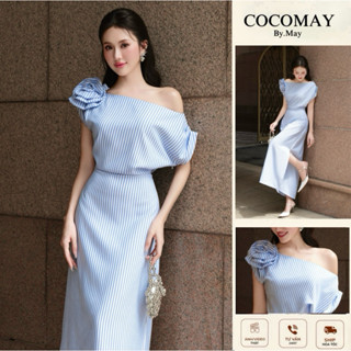 COCOMAY Đầm Marquise Bloom Dress lệch vai hoa Sọc Xanh  midi dáng dài xẻ tà  Nữ Dress Women