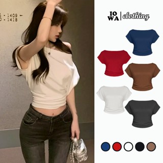 Áo Croptop Tay Ngắn TRỄ VAI CÁNH DƠI Nhún Eo Vạt Bầu Chất Cotton CR86, Áo Thun Kiểu Lệch Vai Nữ IOWA