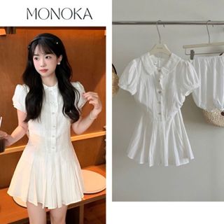 Váy trắng phối ren cộc tay bồng cổ sen trang nhã tinh khôi trẻ trung dáng ngắn có quần trong Đầm nữ sinh T736G MONOKA