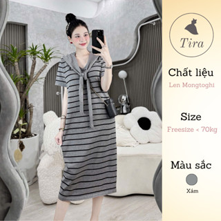 Váy len bầu TIRA MAMA M170 Váy bầu cổ tim Váy suông dài Váy len mongtoghi kèm khăn