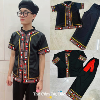  Bộ quần áo Nam dân tộc H'mong cộc tay và dài tay phối thổ cẩm truyền thống 