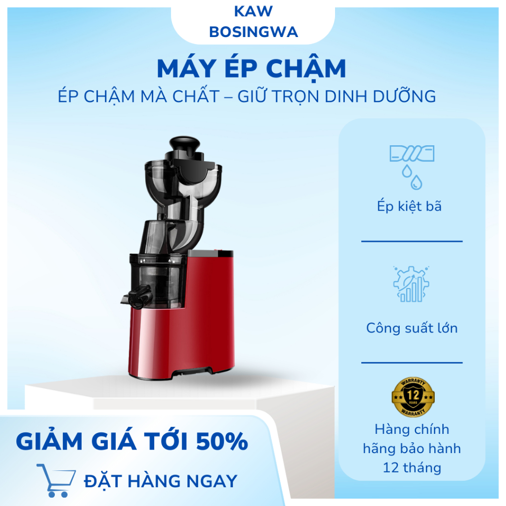 Máy Ép Chậm Hoa quả Chính Hãng Màu Đỏ, Công Suất 150W, Không Ồn, Ép Kiệt Nước 90%