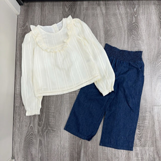 Bộ dài tay cho bé gái ao trắng và quần jean xuông xuất dư xịn