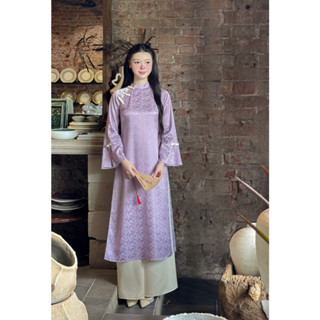 Áo dài cách tân dáng suông Giian thiết kế 2 tà họa tiết in hoa nổi đính nơ cách điệu vải lụa gấm cao cấp AD0008