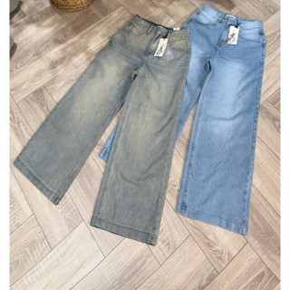 Quần Jean Nữ THE QUAO Lưng Cao Ống Rộng 27CM Túi Kiểu Màu Xanh Xám phủ Bụi Vàng S3103_627