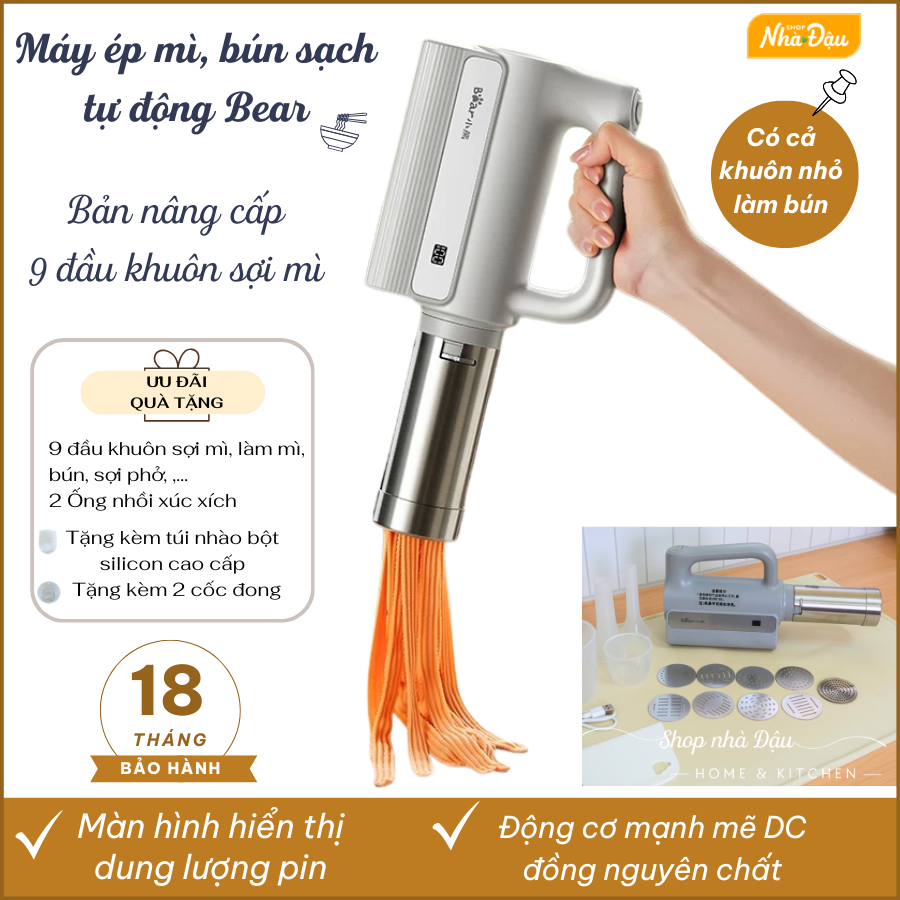 Máy Làm Mì Tươi Tại Nhà Bear 9 Đầu Khuôn Máy Ép Bún Sợi Có Màn Hình Pin, 2500Mah, 18 Tháng Bảo Hành