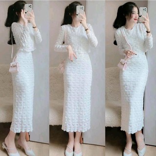  Set đồ nữ Áo ren sóng dài tay 2 lớp cổ tròn phối chân váy body chất ren tôn dáng thanh lịch A44 