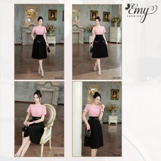 Đầm Công Sở EMY EM7498 Xoè Phối Hồng Đen Thiết Kế Cao Cấp Đi Chơi Đi Làm Vải Tằm Ánh Kim, Xô Len