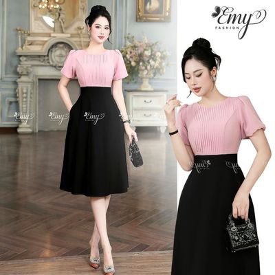 Đầm Công Sở EMY EM7498 Xoè Phối Hồng Đen Thiết Kế Cao Cấp Đi Chơi Đi Làm Vải Tằm Ánh Kim, Xô Len