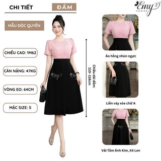 Đầm Công Sở EMY EM7498 Xoè Phối Hồng Đen Thiết Kế Cao Cấp Đi Chơi Đi Làm Vải Tằm Ánh Kim, Xô Len