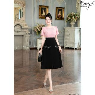 Đầm Công Sở EMY EM7498 Xoè Phối Hồng Đen Thiết Kế Cao Cấp Đi Chơi Đi Làm Vải Tằm Ánh Kim, Xô Len