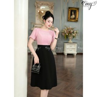 Đầm Công Sở EMY EM7498 Xoè Phối Hồng Đen Thiết Kế Cao Cấp Đi Chơi Đi Làm Vải Tằm Ánh Kim, Xô Len