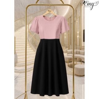 Đầm Công Sở EMY EM7498 Xoè Phối Hồng Đen Thiết Kế Cao Cấp Đi Chơi Đi Làm Vải Tằm Ánh Kim, Xô Len