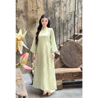 Áo dài nữ cách tân Giian thiết kế cổ trụ phối tay dài xếp tầng cách điệu, họa tiết in hoa nổi 3D cao cấp AD0002