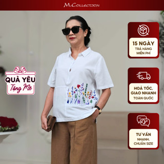 M COLLECTION | Áo Kiểu Nữ Cổ Sơ Mi Cài Nút Trung Niên Tặng Mẹ Tay Ngắn Vải Linen Thêu Hoa - A11096
