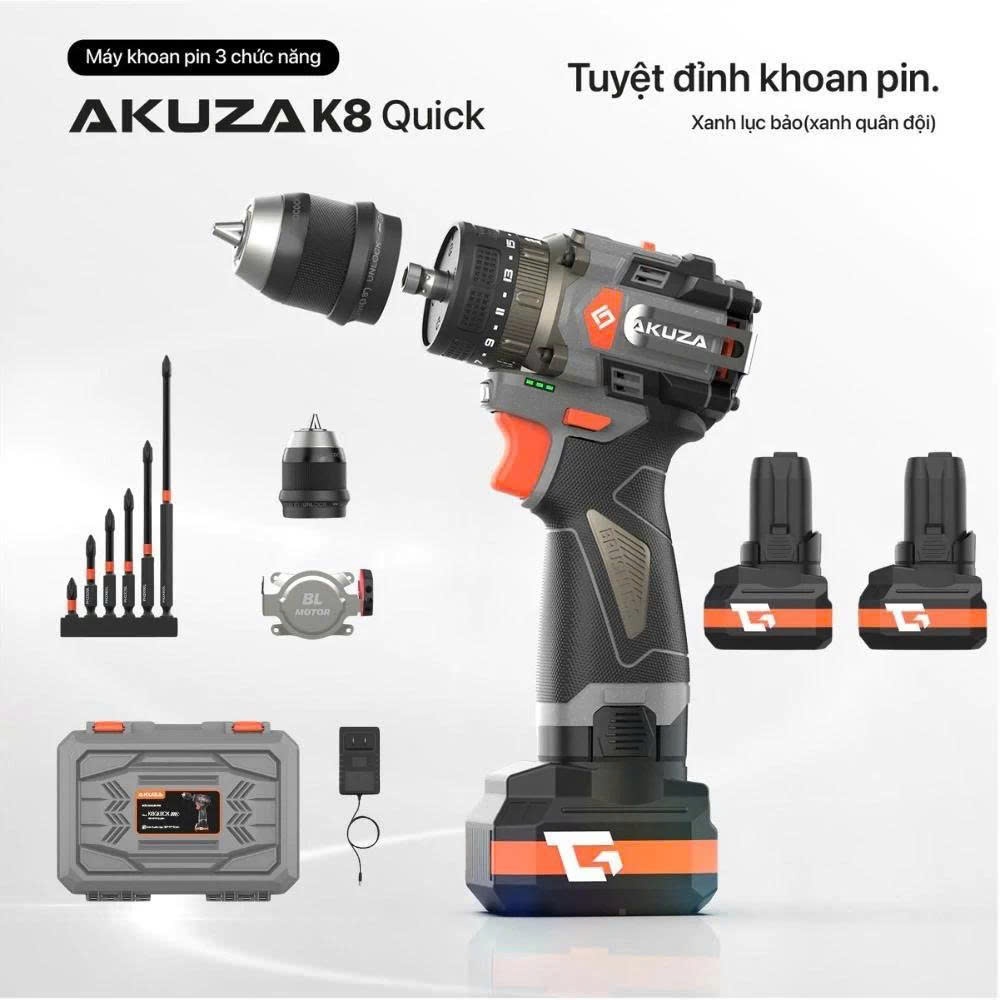 Máy Khoan AKUZA K8 QUICK Đầu 4 trong 1 - Có Búa  - Mắc gài kim loại - đầu auto lock - Ngậm vít nhanh