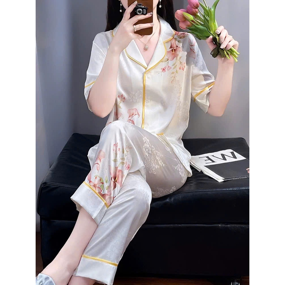 Đồ bộ LUXURY PIJAMA lụa latin cao cấp, mềm mịn sang trọng tay ngắn họa tiết hoa TN025