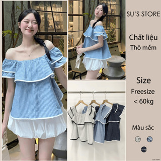 Áo Trễ Vai 2 Tầng Phối Viền Kẻ Sọc Thô Mềm Susstore A3095 Thời Trang Nữ