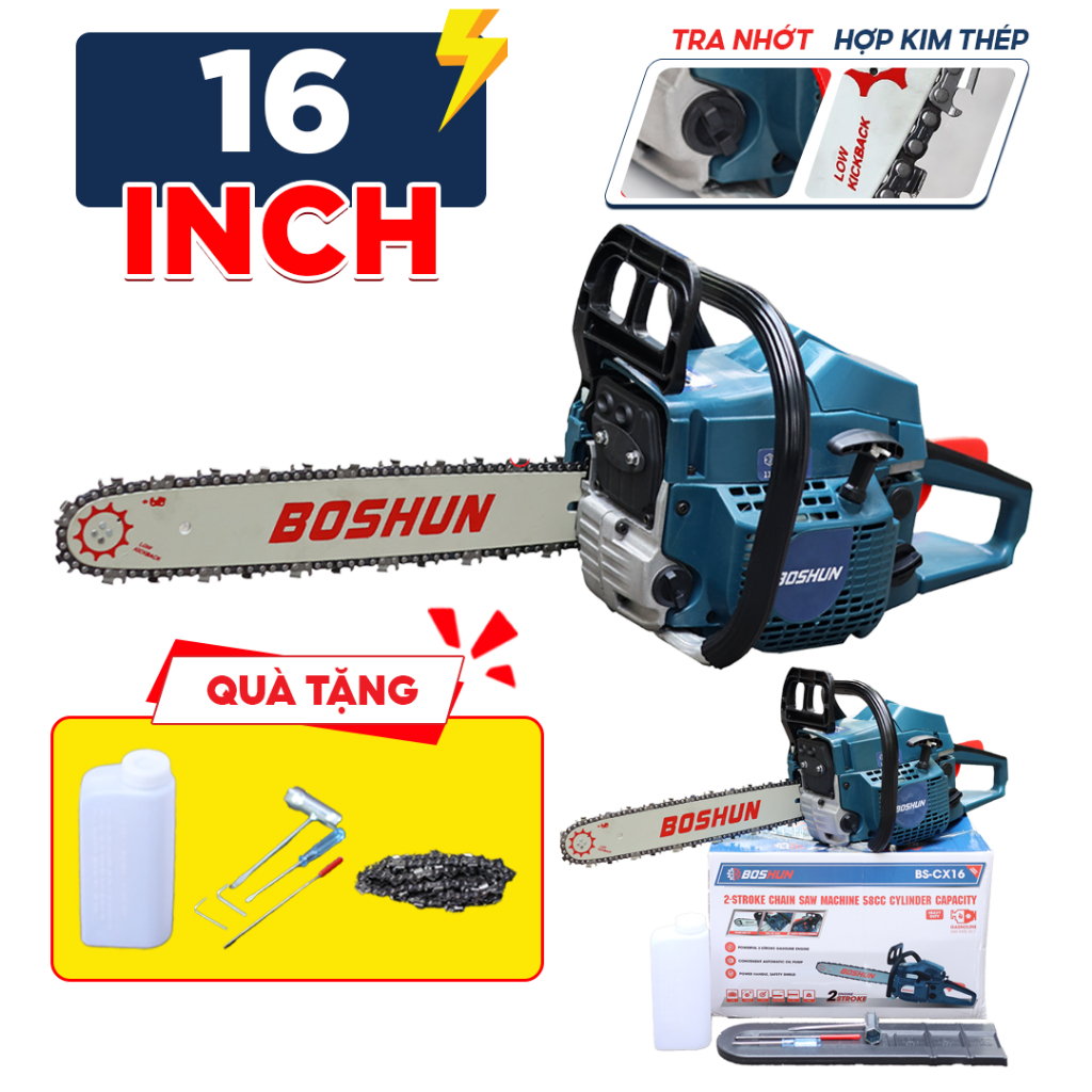 Cưa Xăng Boshun 16 inch BS-CX16 Động cơ 2 thì, tra nhớt tự động Công suất 2500w