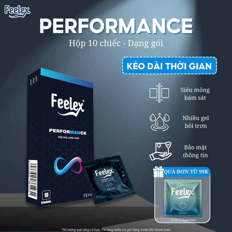 Bao cao su Feelex Performance kéo dài thời gian, siêu mỏng, nhiều gel bôi trơn - hộp 10c