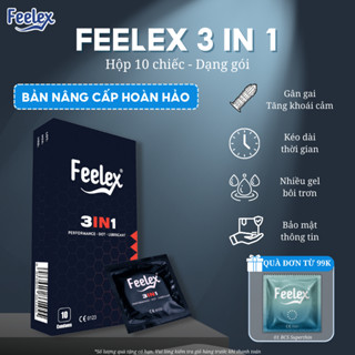Bao cao su Feelex gân gai 3in1 kéo dài thời gian, gia tăng khoái cảm, siêu mỏng, hộp 10 bcs