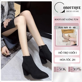    NHẸ ÊM   Giày boot đế vuông 6 phân 7 phân bốt nữ cổ ngắn da lộn da trơn cao cấp có size 34 S077 